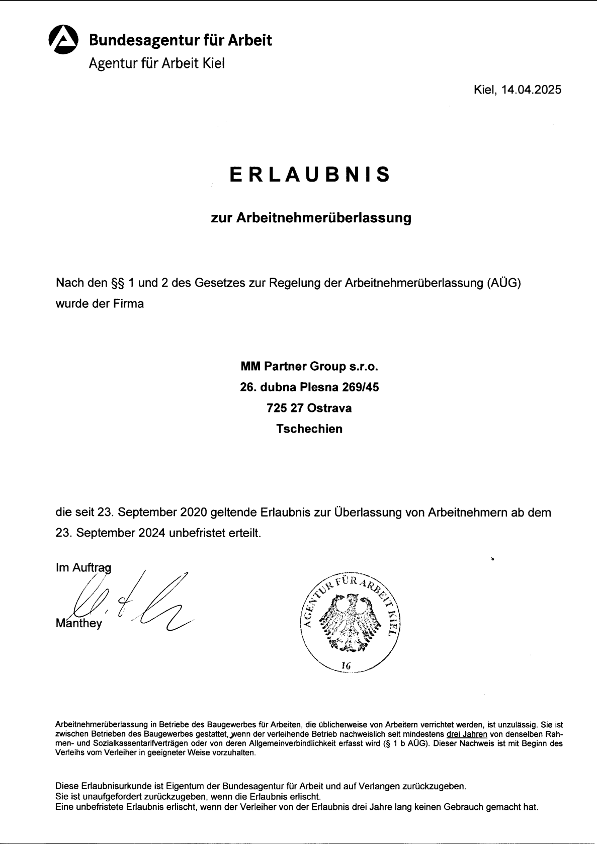 AÜG Erlaubnisurkunde